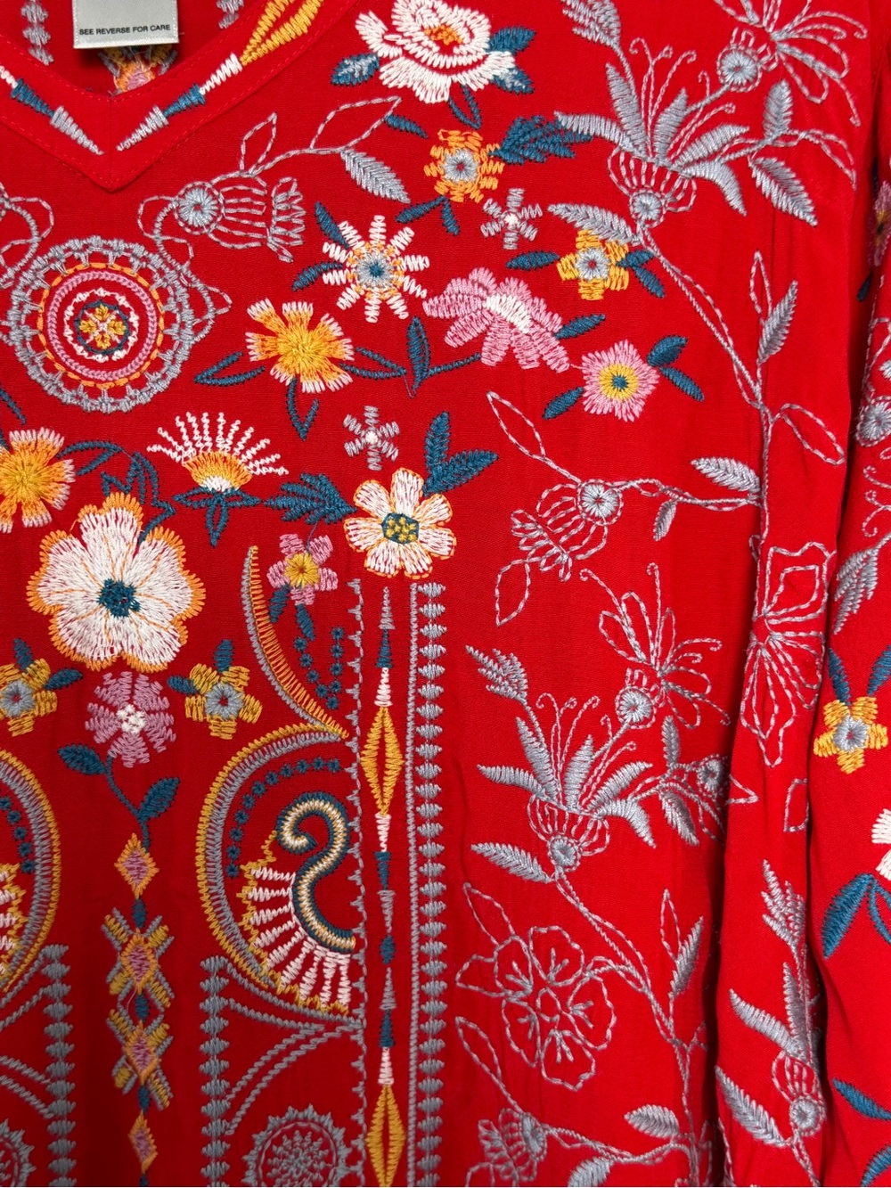 John Mark Red Embroidered XL Boho V-Neck Tunic Top Flowy Floral Artisan - Picture 12 of 13